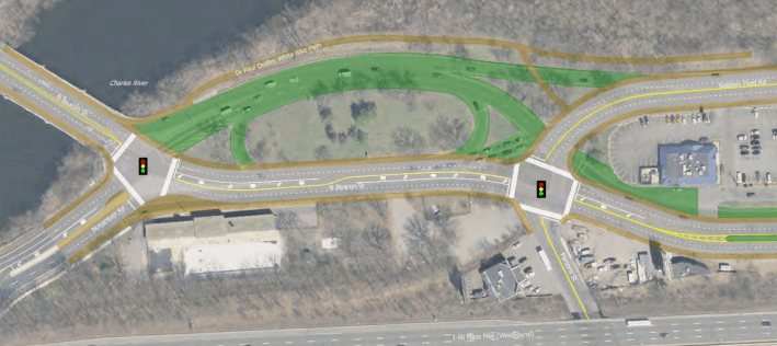 An aerial view of the N. Beacon St - Soldiers Field Road rotary in Brighton, with the Charles River in the upper left corner and Mass. Pike along the bottom edge. An overlay illustration shows a new roadway with two intersections – one on the left, near the N. Beacon St. bridge over the river, and one on the right, where Parsons St. meets N. Beacon – that could replace the large traffic circle that takes up most of the center of the image.
